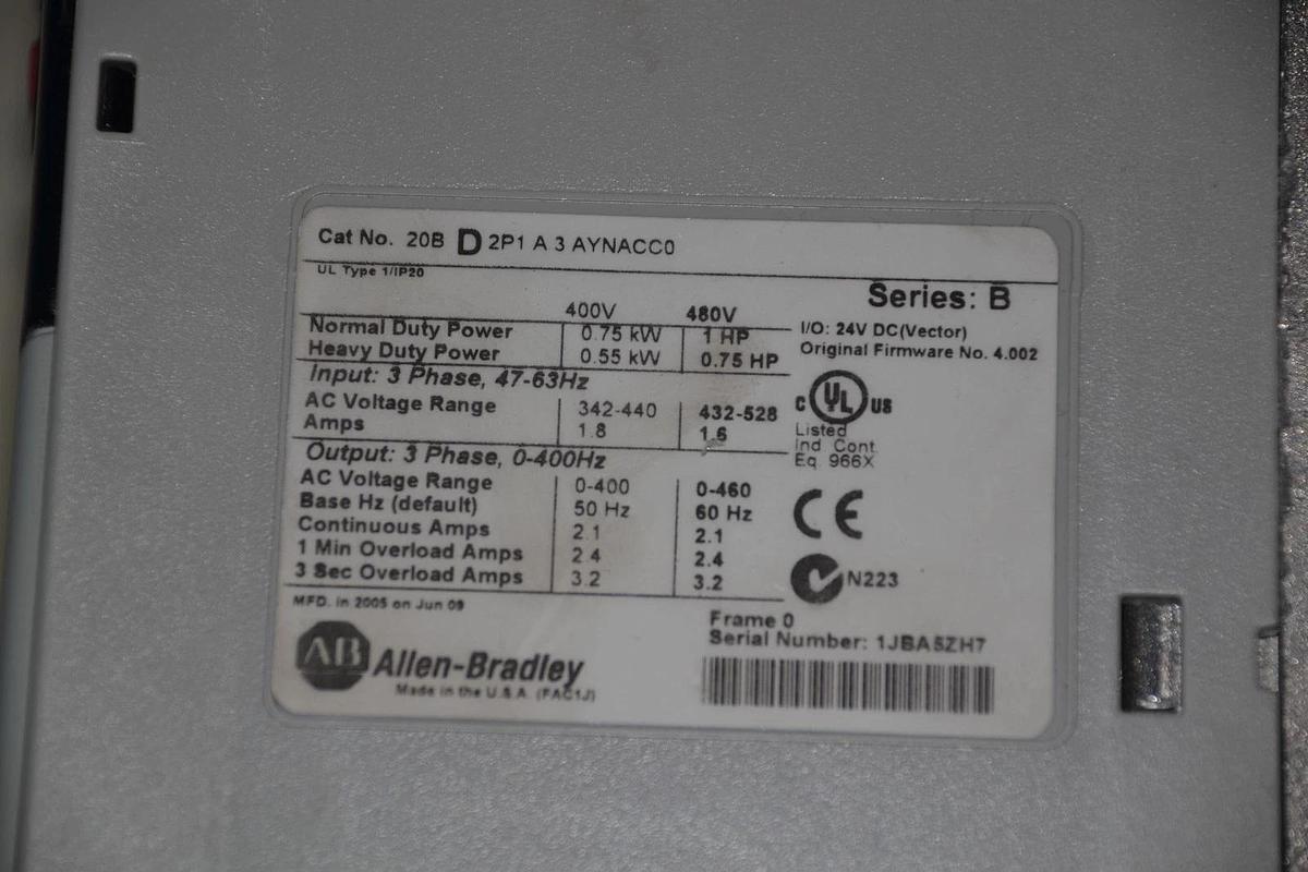 Allen-Bradley PowerFlex 700 1 HP 20BD2P1A3AYNACC0 480 VAC