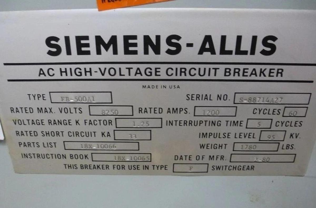 Used Siemens High Voltage Circuit Breaker FB-500A1 512-2 1200A 125 vdc 1200 A 125v