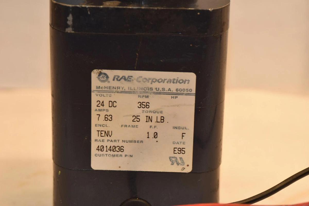 Used RAE CORPORATION 4014036 24Vdc 356rpm 7.63A Motor & Gearbox