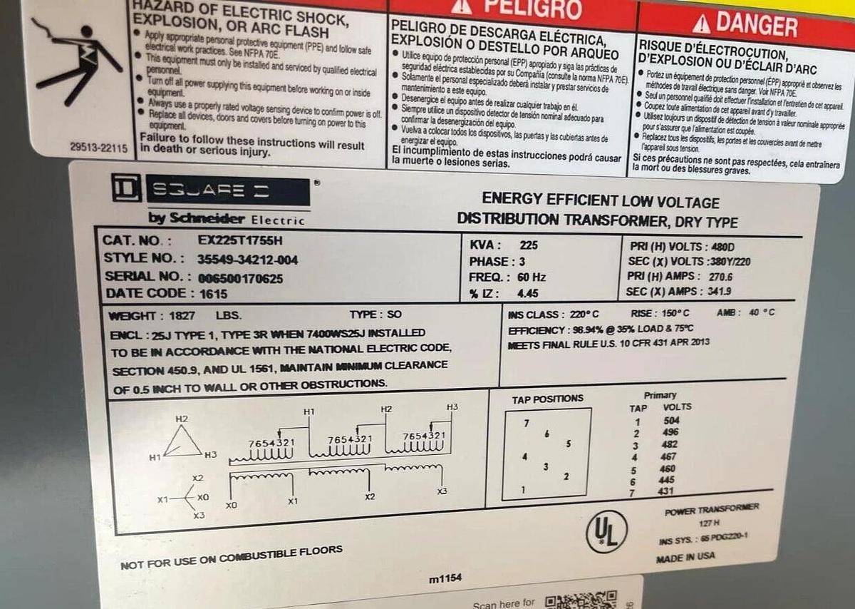 Square D Dry Type Transformer EX225T1755H 225kVA 225 kVA 3ph 480v 380y/220 (NEW)
