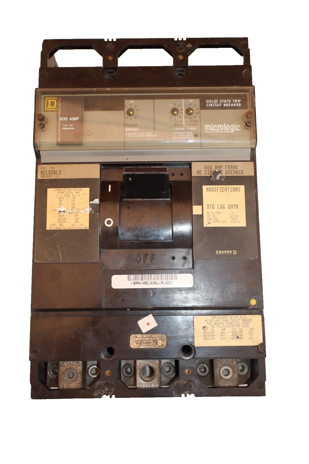 Used Square D 800 Amp MEL836LI 600V Circuit Breaker 3p500A Trip Micrologic ME8500RP