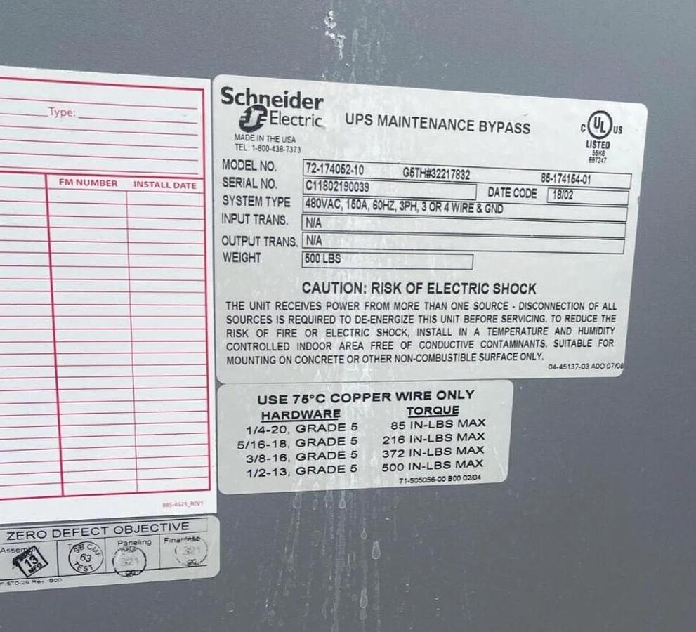 Used Schneider APC Galaxy 5000 UPS, Power Supply, 60kva, 72-174001-00 72-174052-10