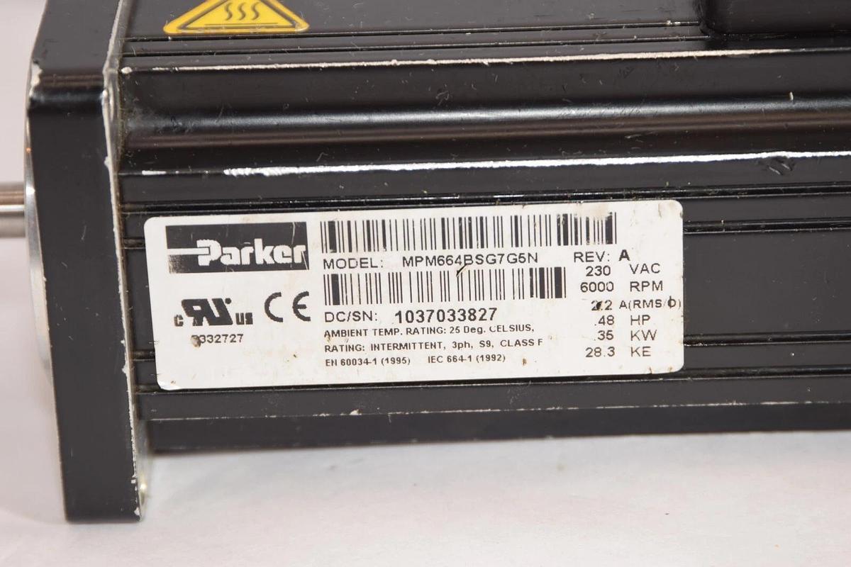 Used PARKER MPM664BSG7G5N Rev A 230Vac 6000rpm 2.2A .48Hp .35kw Servo Motor