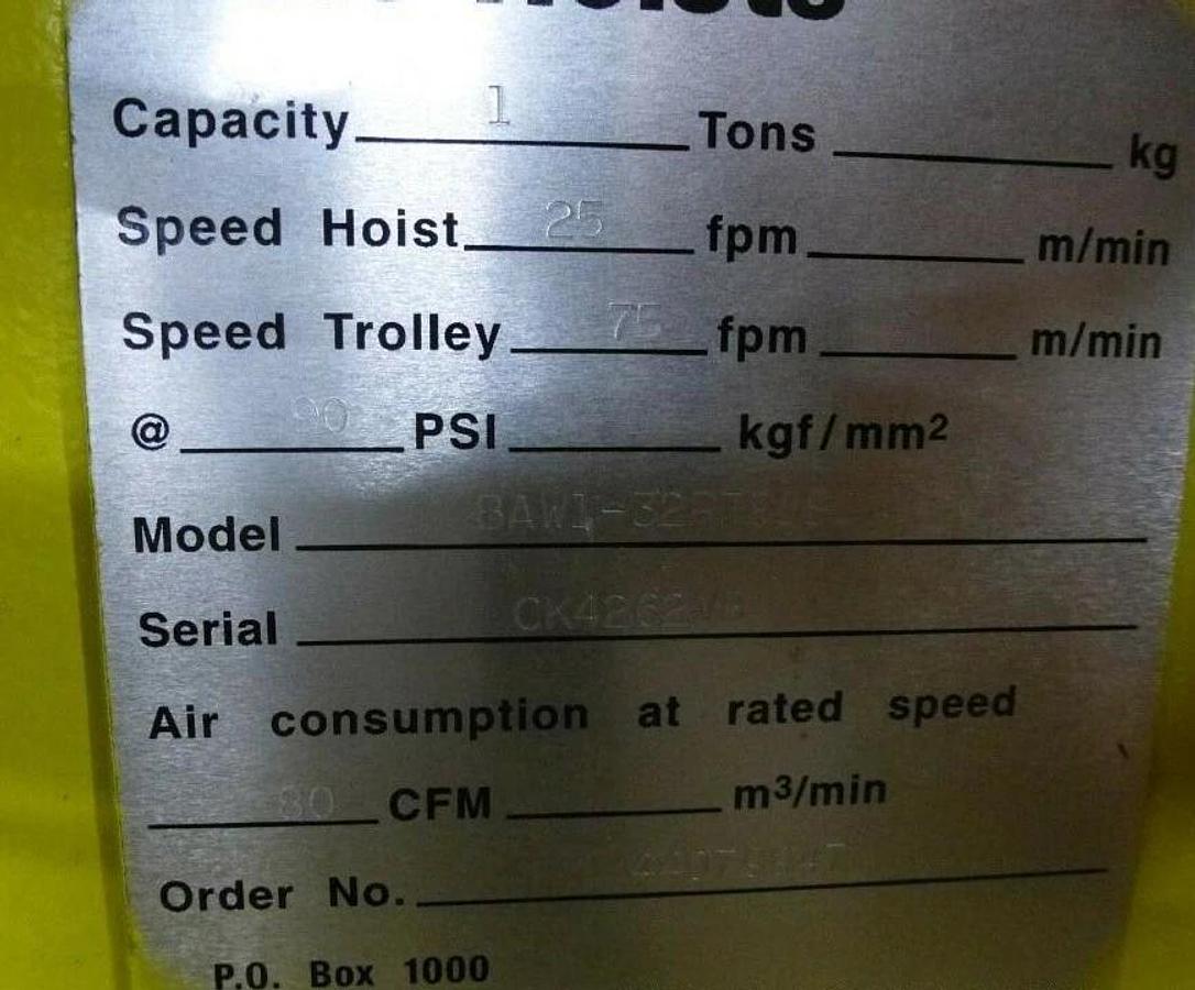 Yale AW 1 Ton Air Hoist BAW1-32RT 648782671 E13MDNS518X0A8 1T Pneumatic (NEW)