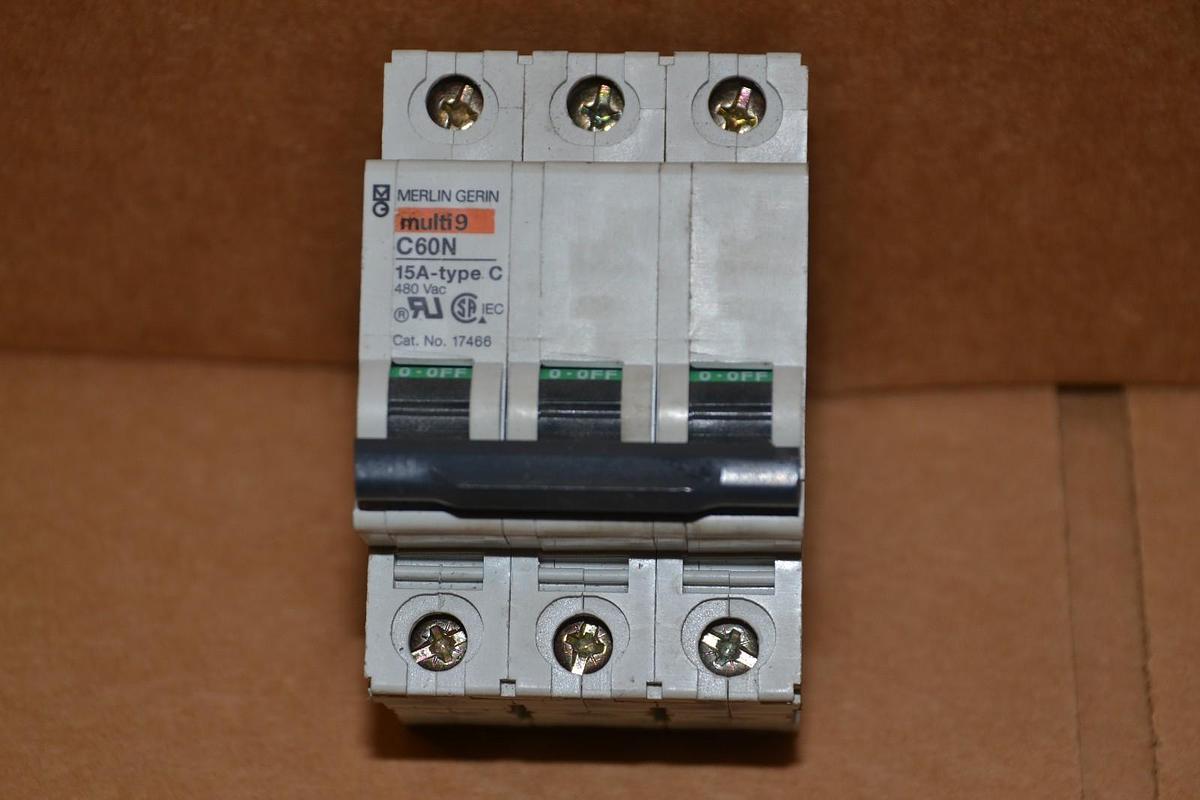 Used MERLIN GERIN MULTI 9 C60N 15A TYPE C 480V 3 POLE CIRCUIT BREAKER