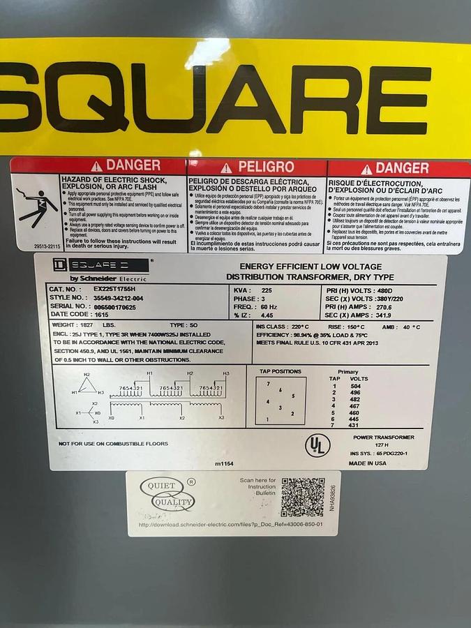 Square D Dry Type Transformer EX225T1755H 225kVA 225 kVA 3ph 480v 380y/220 (NEW)