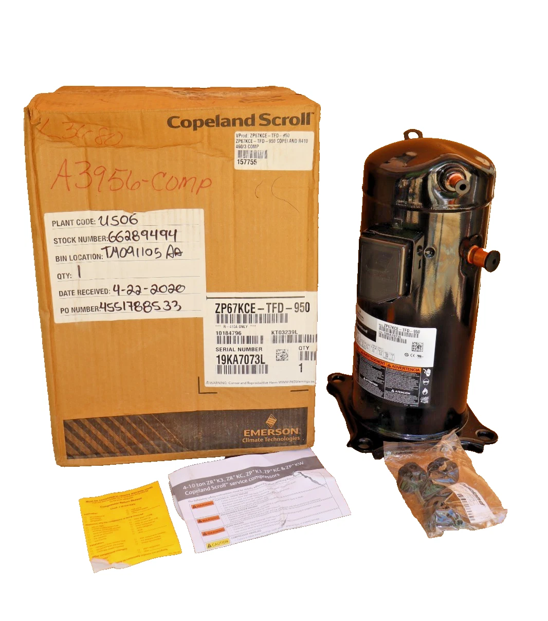 Copeland Emerson Scroll Compressor ZP67KCE-TFD-950 410a ZP67KCETFD950 460v (NEW)