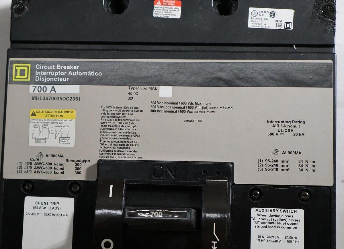 SQUARE D Circuit Breaker MHL3670035DC2351 700 Amp 700A Shunt Aux (NEW)