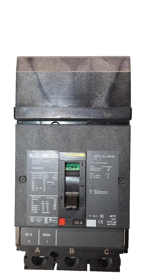 Used Square D / PowerPact HG 060 , HGA36025 25A Amp 3 Pole Circuit Breaker