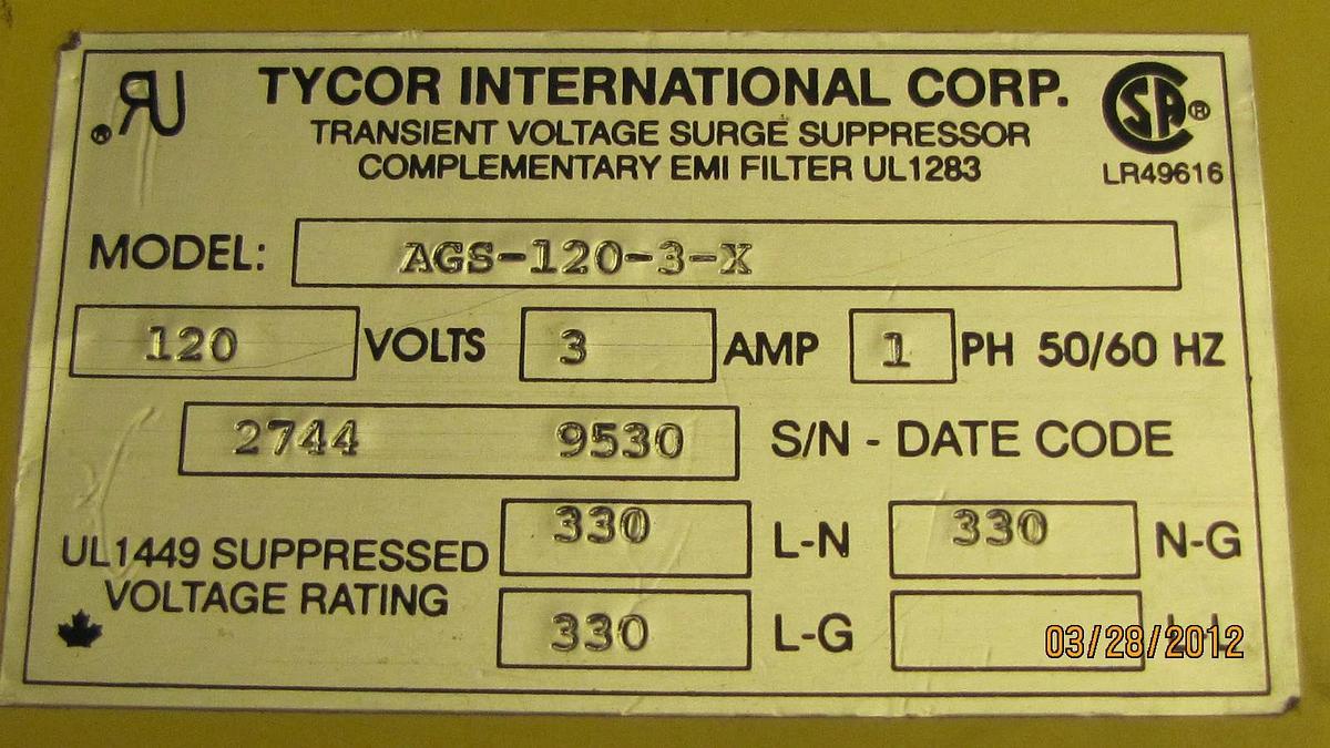 Used TYCOR AEGIS TRANSIENT VOLTAGE SURGE SUPPRESSOR AGS-120-3-X AGS 120 3 X AGS1203X