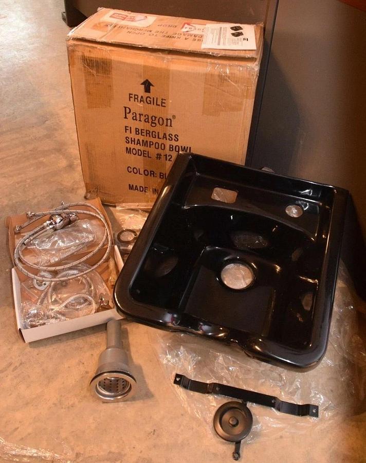 Used (New) Paragon 12 UPC Black Fiberglass Salon Shampoo Bowl sink with GLT-05 faucet