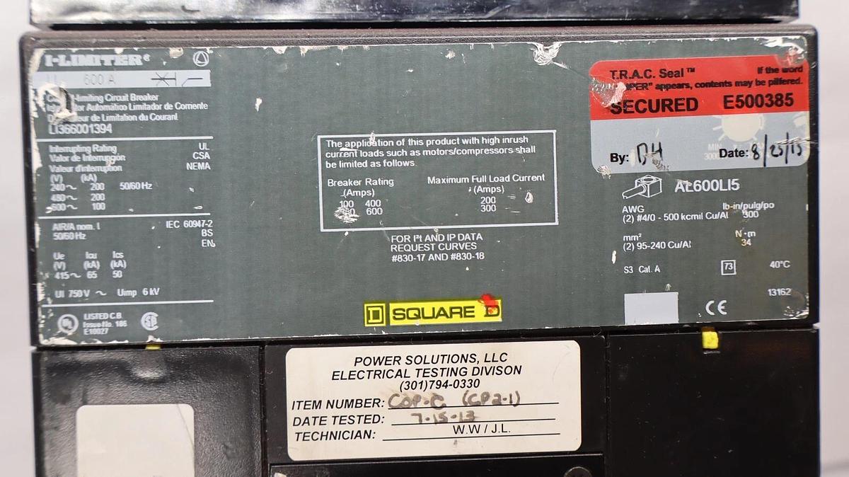 Used Square D I-Limiter Circuit Breaker 600 Amp 600A LL600A LI366001394 w/ LC11021
