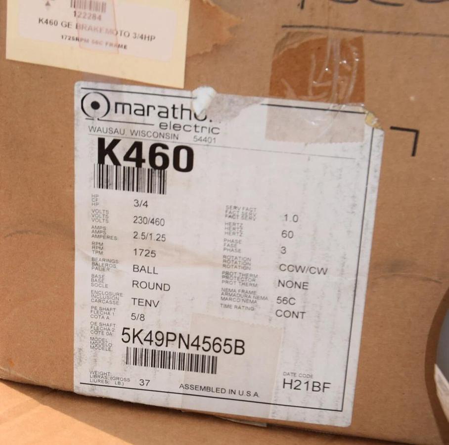 Used Marathon K460 Motor w/ Stearns Brake 3/4hp .75hp 230/460v 3ph 5K49PN4565B  (NEW)