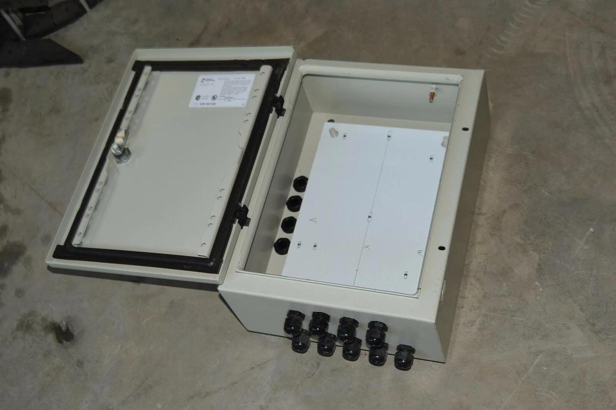 Used HAMMOND 2R16126 Enclosure Type 12 16X12X6 IN, 16" X 12" x 6 (Used) holes drilled