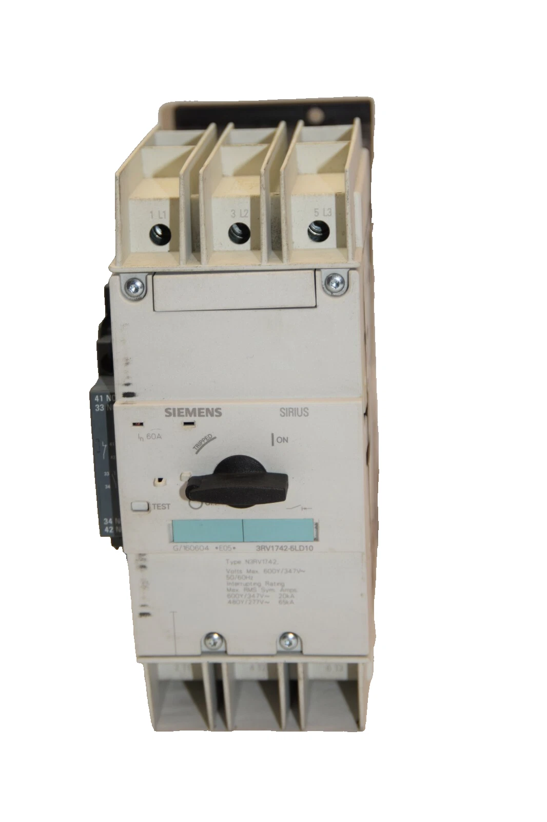 Used SIEMENS 3RV1742-5LD10 60A 600V 3P Sirius Breaker W/ 3RV2901-1A Aux. Contact