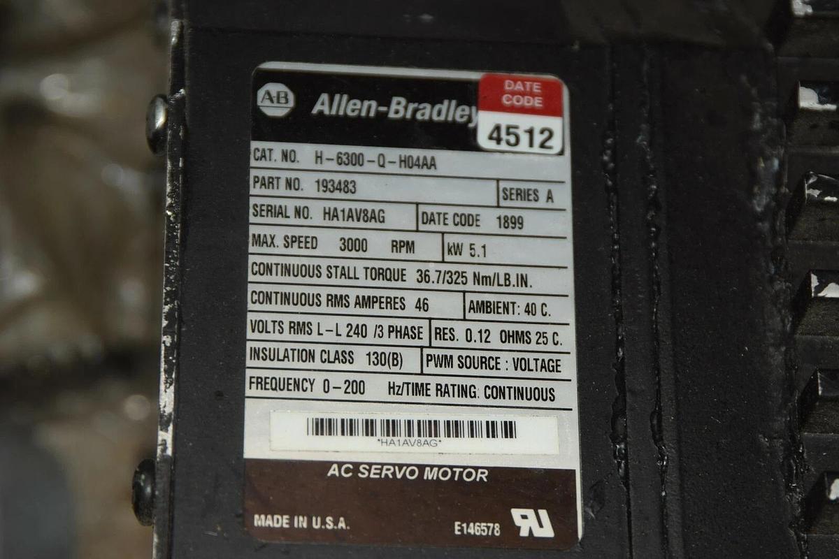 Used ALLEN BRADLEY Servo Motor H-6300-Q-H04AA 5.1kW  3000RPM  240V 3PH 193483