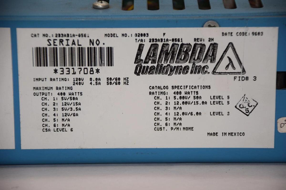 Used LAMBDA QUALIDYNE INC 2B3AB1A-0561 , 02003 120V 8.0A 50/60Hz 400w Power Supply