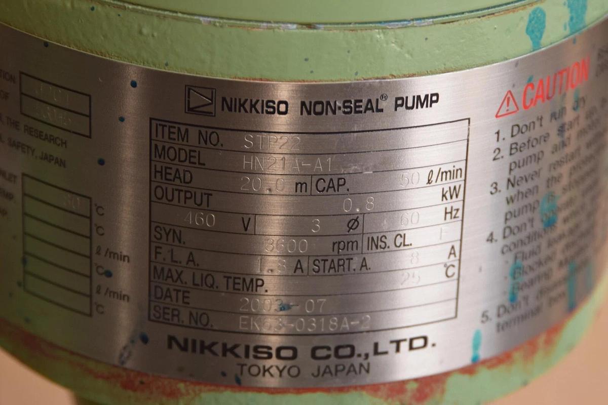 Used Nikkiso Non-Seal Pump Canned Motor HN21A-A1 HN21AA1 Head: 20m .8kw 440v 50 L/min
