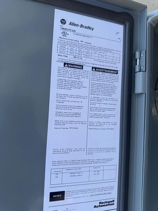 Used ALLEN BRADLEY 400 Amp 1494G-FF3J6  AL-208 Enclosed Switch Disconnect 600VAC 400A