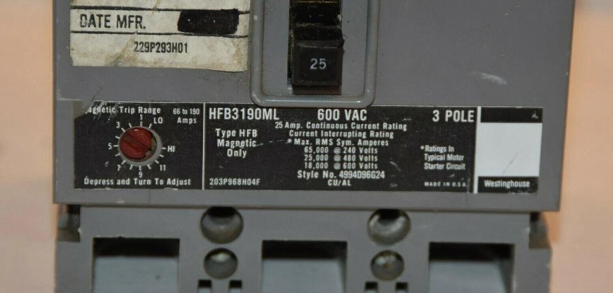 Used WESTINGHOUSE HFB3190ML 25A 600Vac 3 Pole Mark75 Circuit Breaker