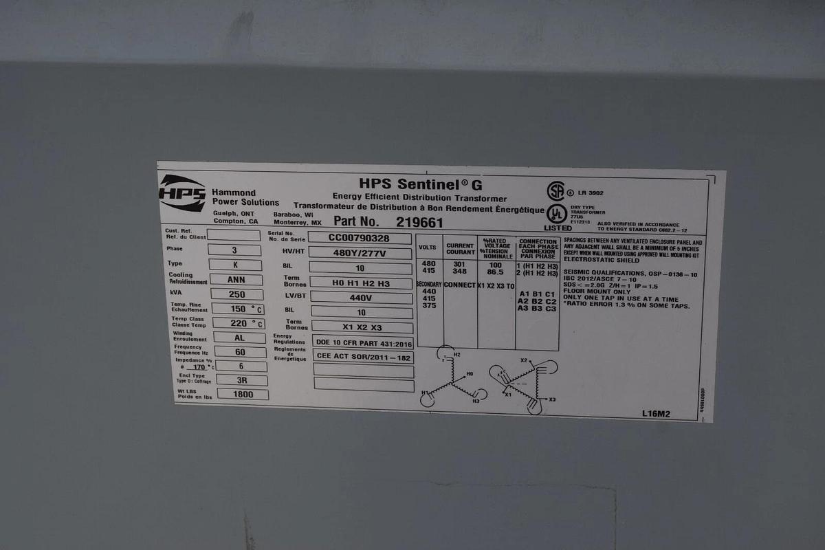 Hammond HPS Sentinel G Transformer 219661 250kva 250 kva 480y/277v High 440v NEW