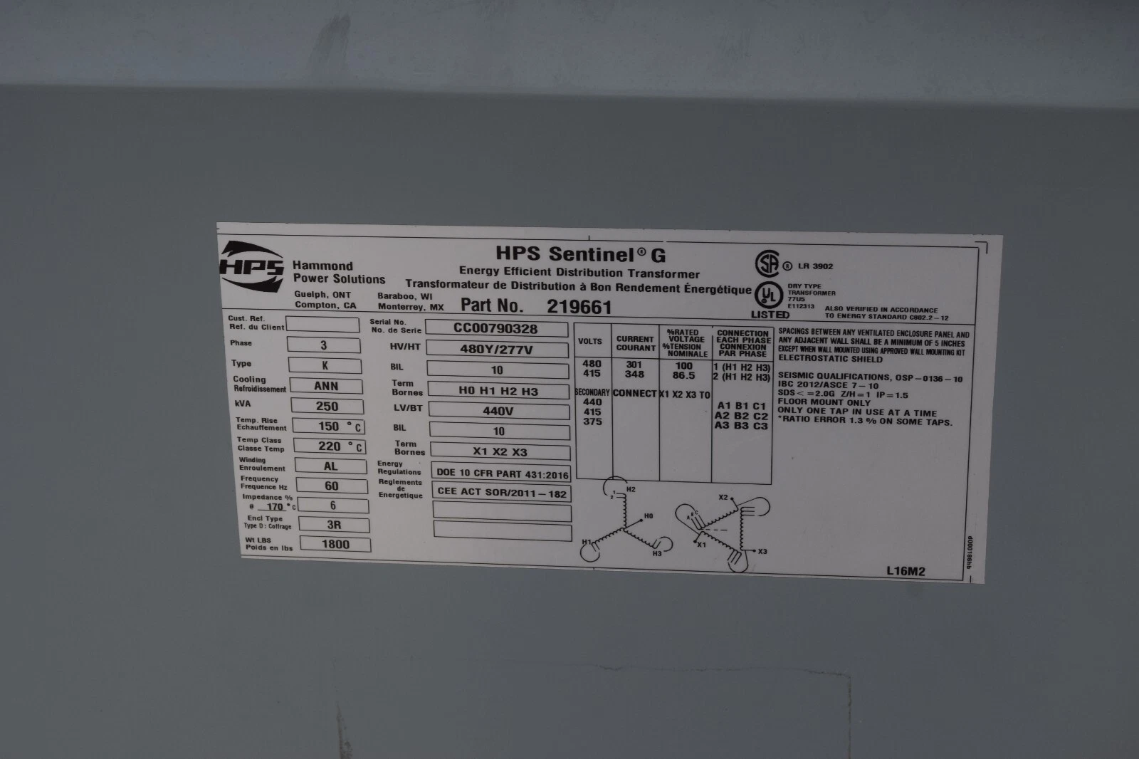 Hammond HPS Sentinel G Transformer 219661 250kva 250 kva 480y/277v High 440v NEW