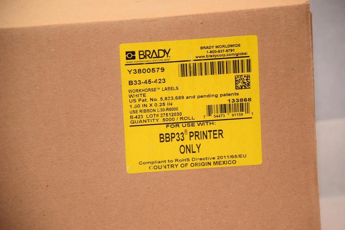 (NEW) BRADY B33-45-423 1.50" x 0.25" White Workhorse Labels