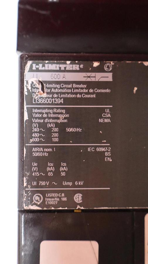 Used Square D I-Limiter Circuit Breaker 600 Amp 600A LL600A LI366001394 w/ LC11021
