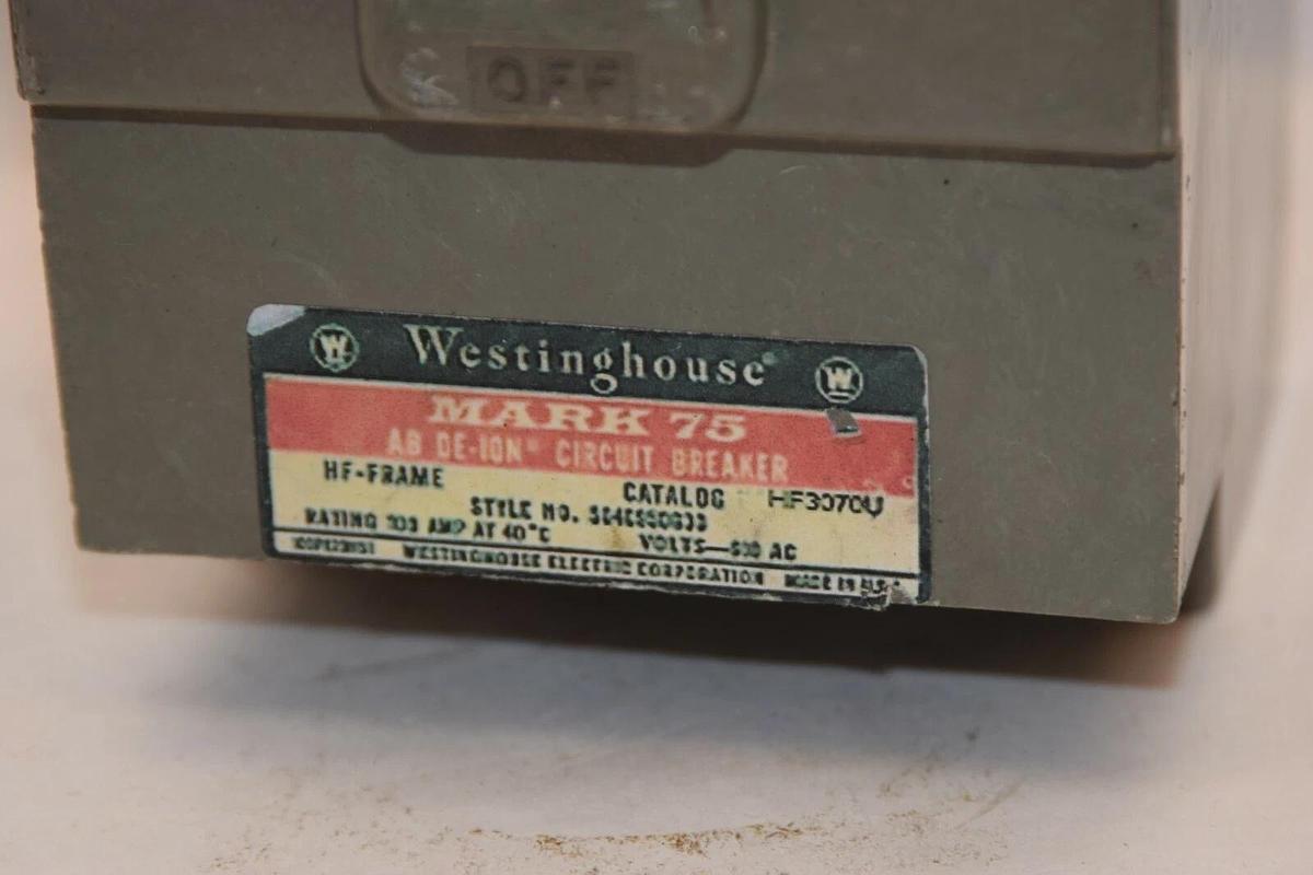 Used WESTINGHOUSE HF3070U 3P 70A 70 Amp 70 A 480V HF-Frame Mark 75 Circuit Breaker