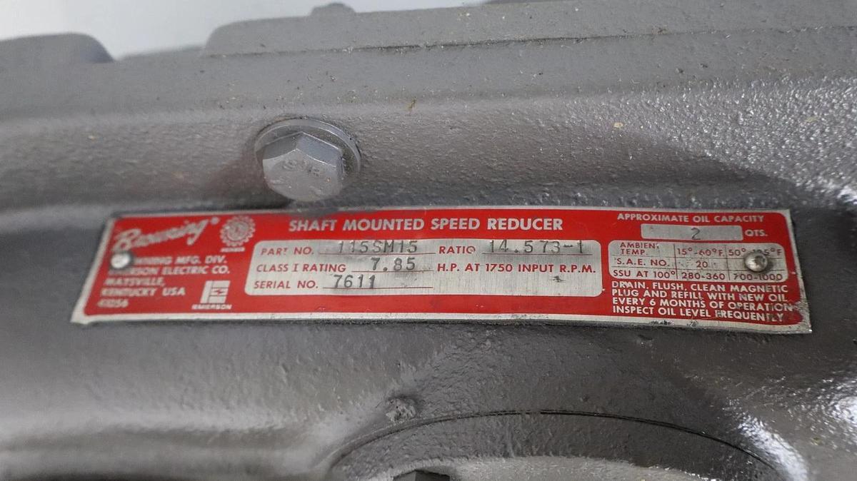 BROWNING Shaft Mounted Speed Reducer Gear Box 115SM15 14.573:1 (NOS)