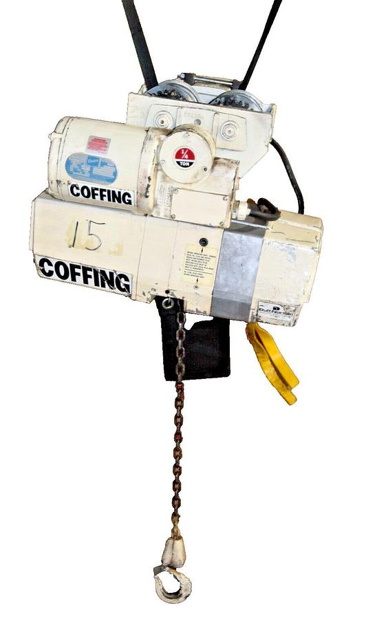 Used Coffing 1/4 Ton Electric Chain Hoist EC05163 15' Lift 230/460v 3ph w/ Trolley