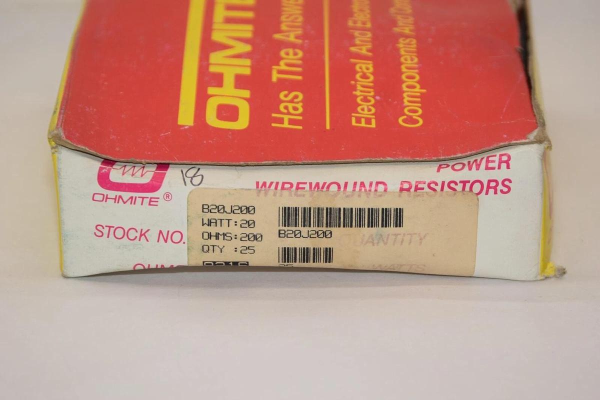 (NEW - Box of 18) OHMITE B20J200 20Watt 200Ω Wirewound Resistor