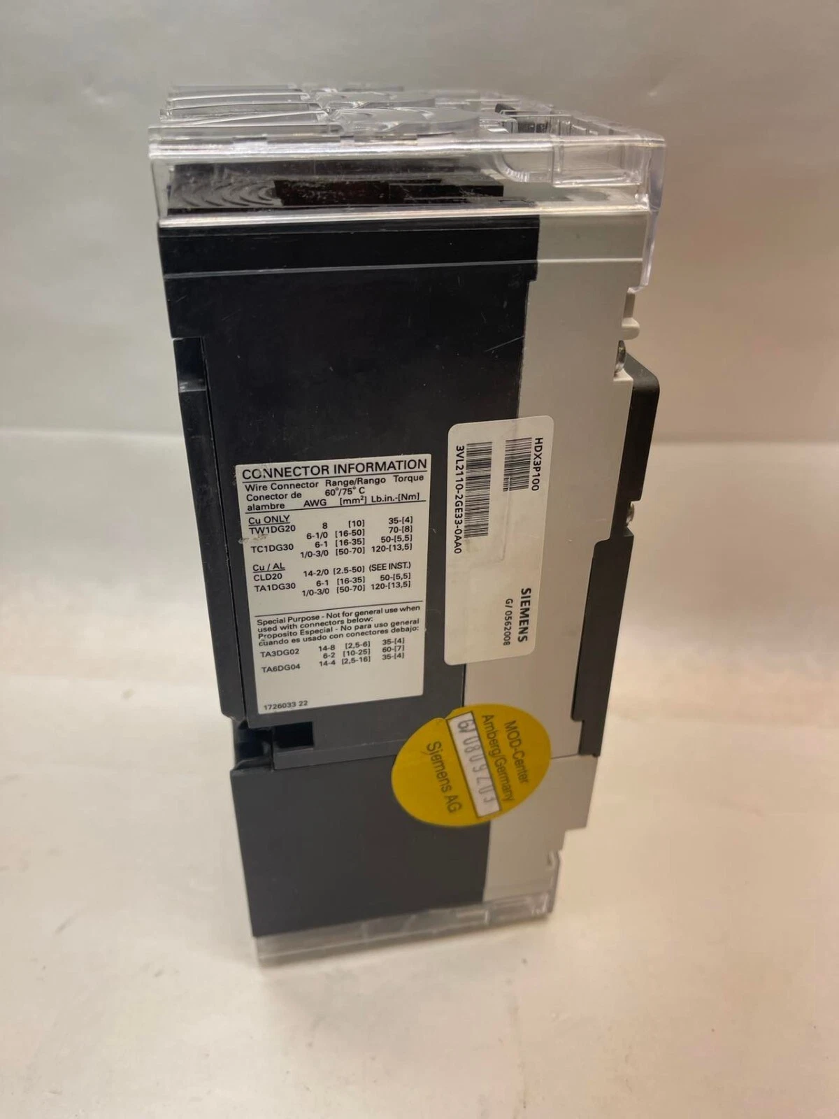 Used SIEMENS HDGA 3vl2110-2ge33-0aa0 CIRCUIT BREAKER 600V 100 Amp 100 A HDX3P100