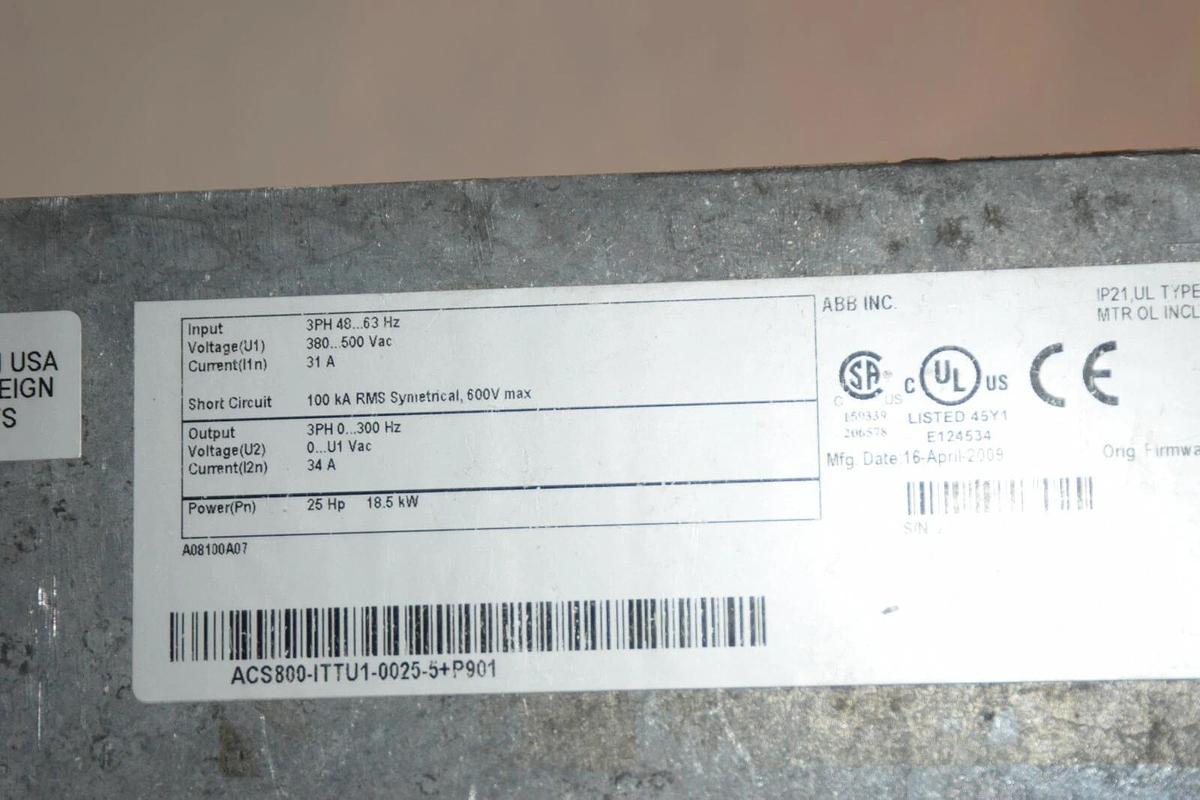 Used ABB 25HP VFD AC Drive 380-500v 3ph  ACS800-ITTU1-0025-5+P901 ACS800 18.5 Kw