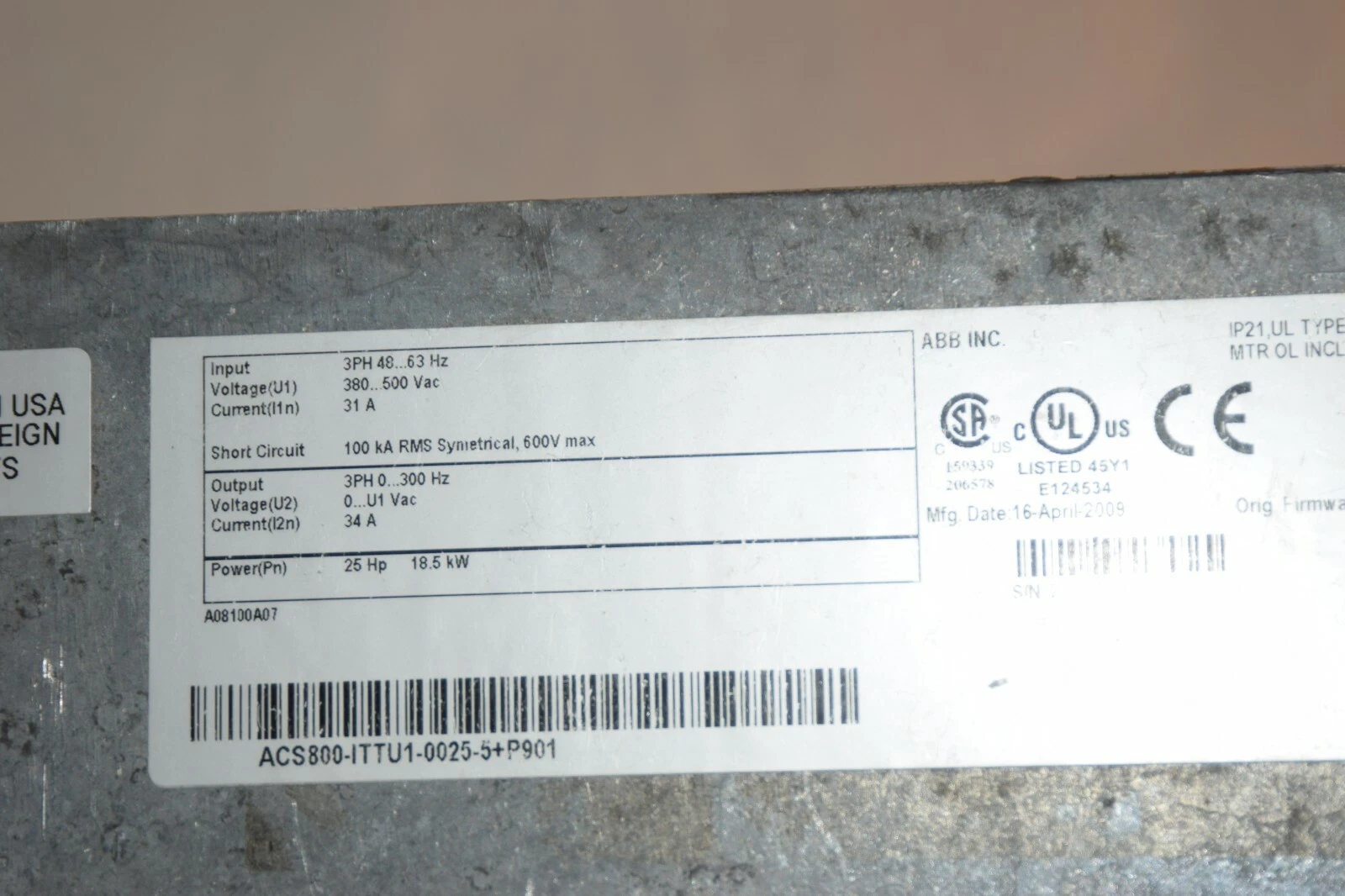 Used ABB 25HP VFD AC Drive 380-500v 3ph ACS800-ITTU1-0025-5+P901 ACS800 18.5 Kw