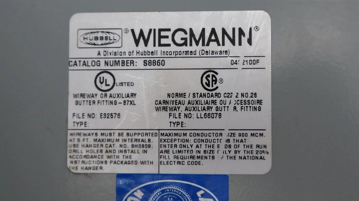 Hubbell Wiegmann S8860 8" x 60" Wireway Auxiliary Gutter Fitting NOS