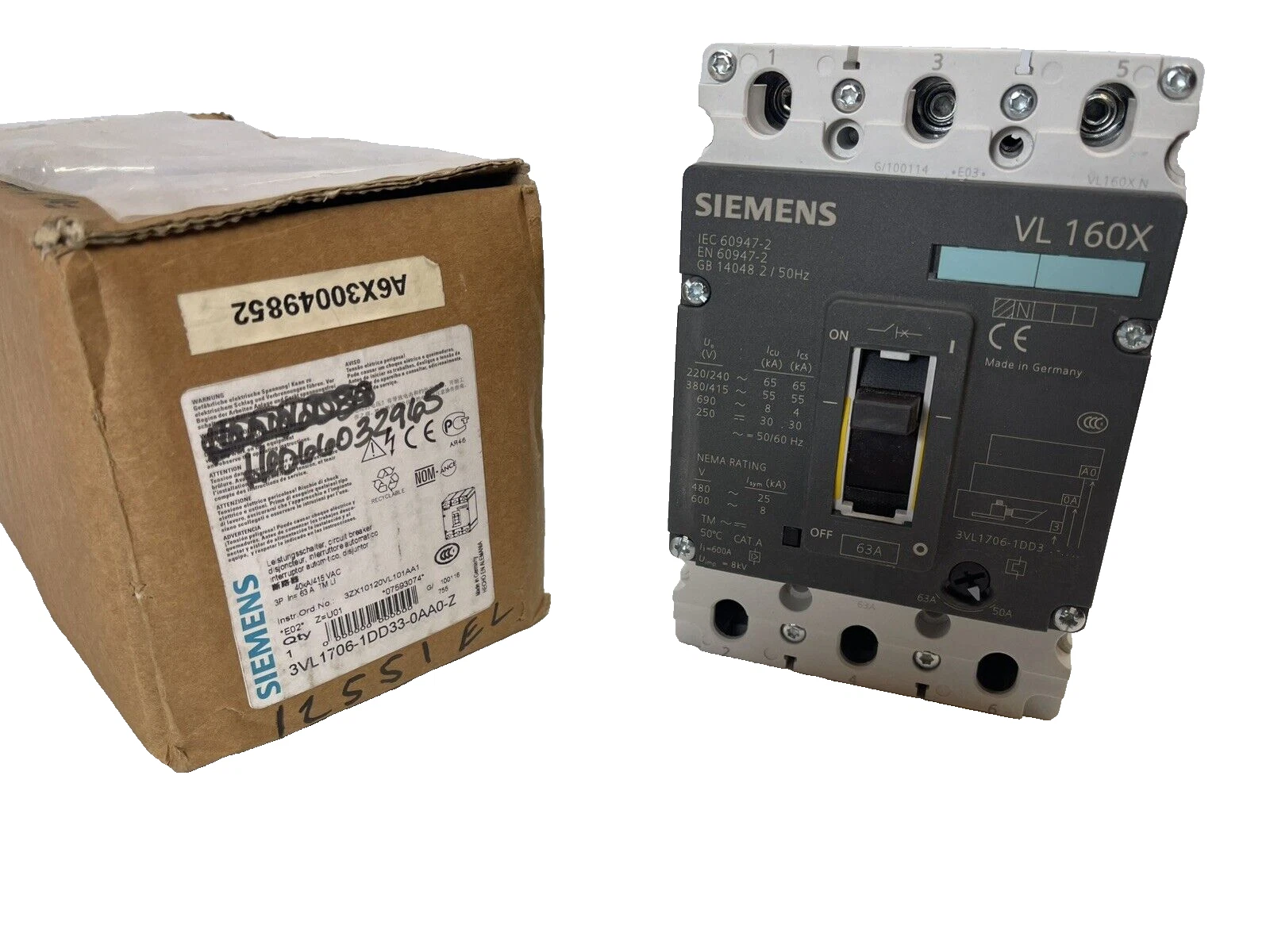 Siemens 3VL1706-1DD33-0AA0-Z, 3 Pole, 63 amp, Circuit Breaker, Open Box - NEW