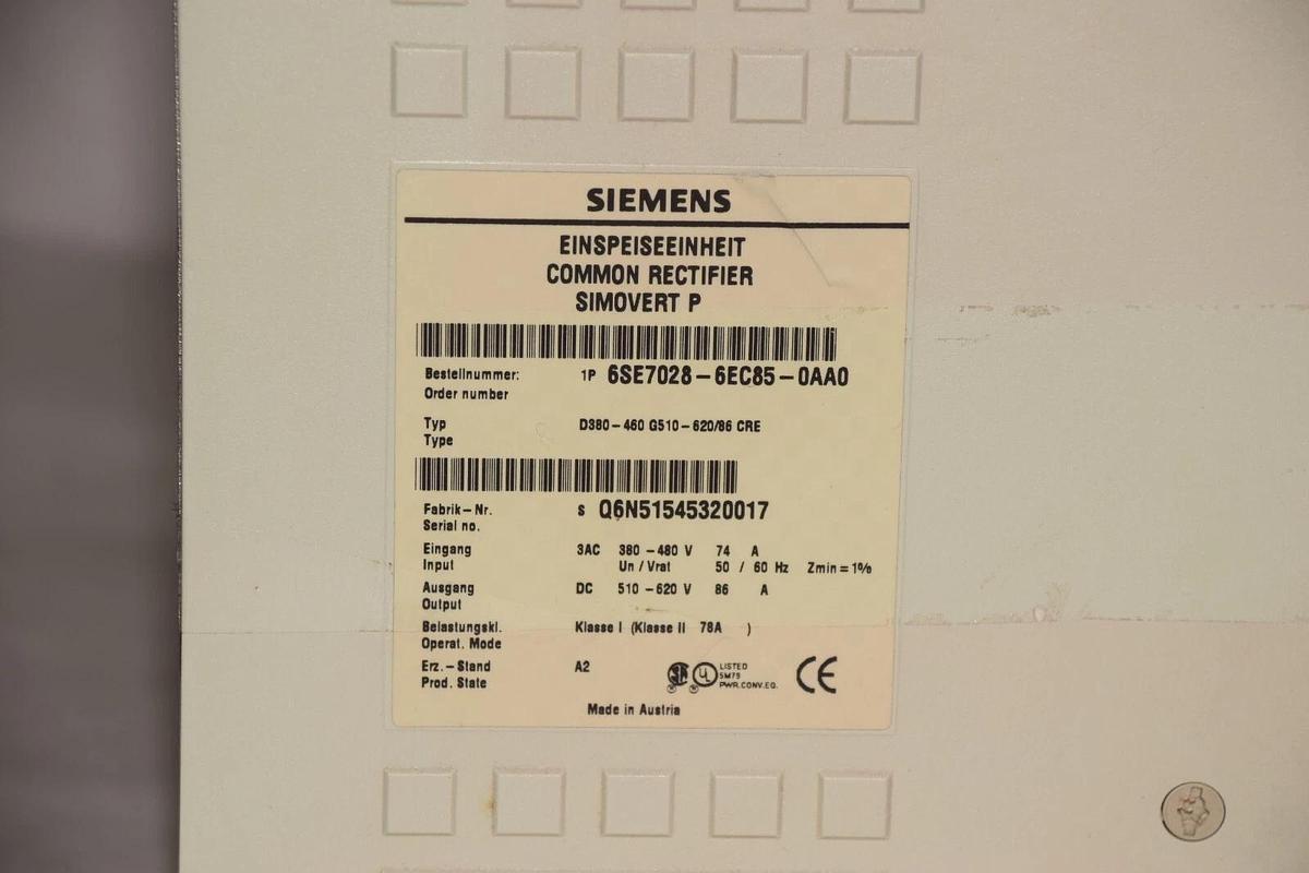 Used Siemens Common Rectifier Simovert P 6SE7028-6EC85-0AA0 380-480v 74a *dmg, read*