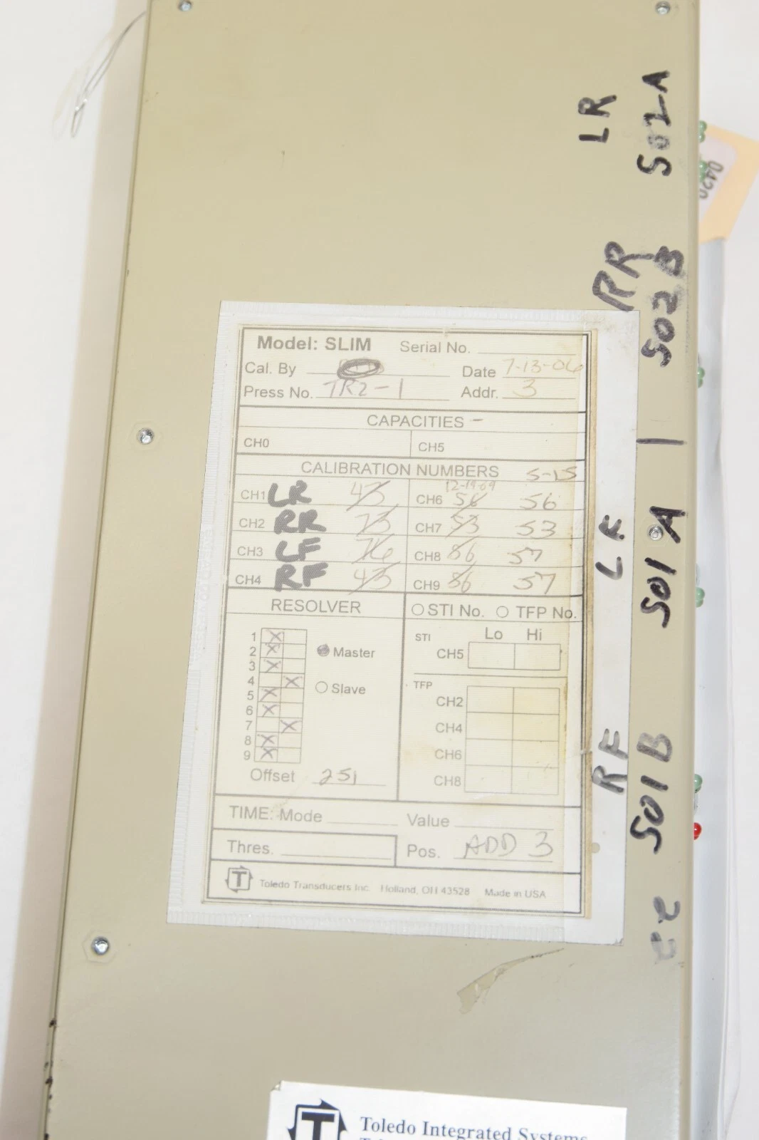 Used TOLEDO TRANSDUCERS INC. SLM-4-CCM Tonnage Monitor System USA