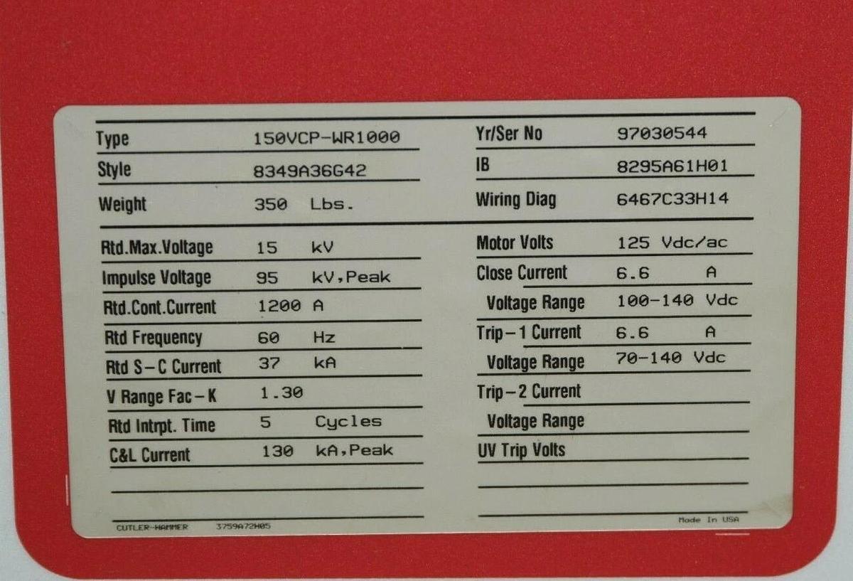 Used Cutler Hammer  Vacuum Circuit Breaker 150VCP-WR1000 15 KV 1200A, 1200 Amp VCP-WR