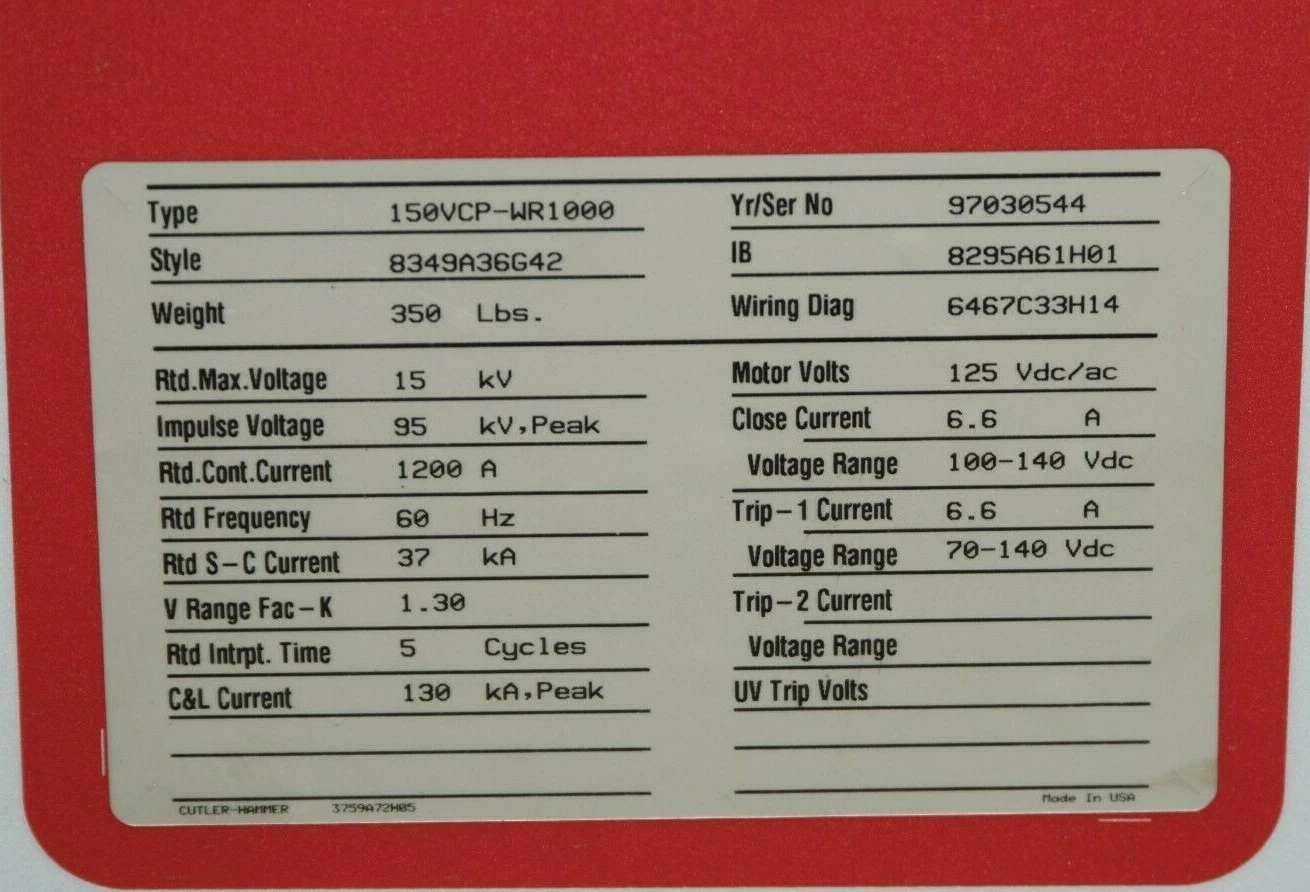 Used Cutler Hammer Vacuum Circuit Breaker 150VCP-WR1000 15 KV 1200A, 1200 Amp VCP-WR
