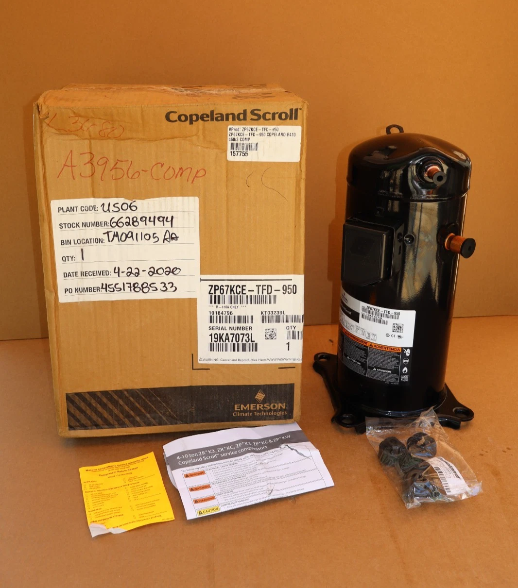 Copeland Emerson Scroll Compressor ZP67KCE-TFD-950 410a ZP67KCETFD950 460v (NEW)