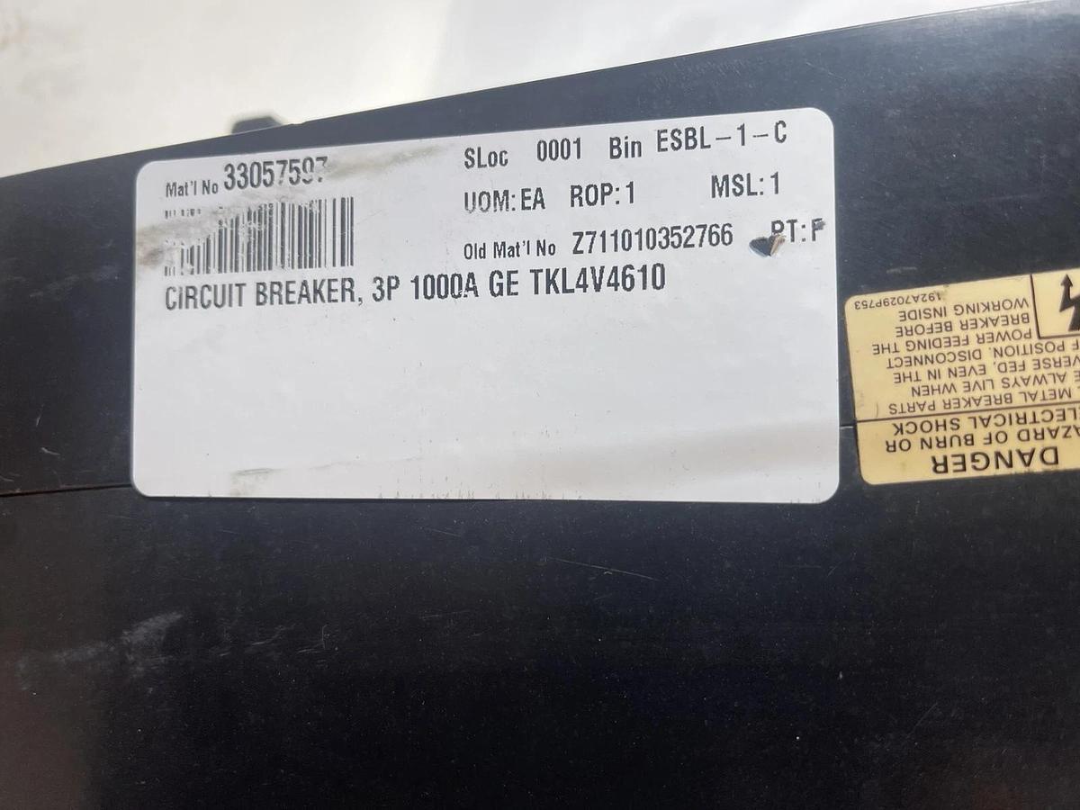 Used GE TKL4V4610 Hi IC Circuit Breaker 1000 Amp 600VAC 3Pole, Micro Versa Trip T4VT