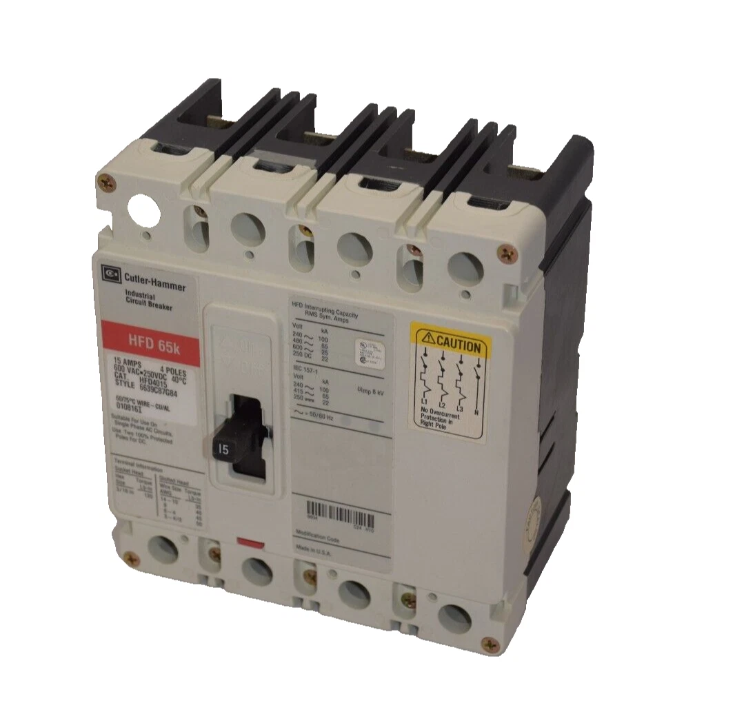 CUTLER HAMMER Circuit Breaker HFD65k HFD4015 15A 15 Amp 600v 4p Therm Mag NEW