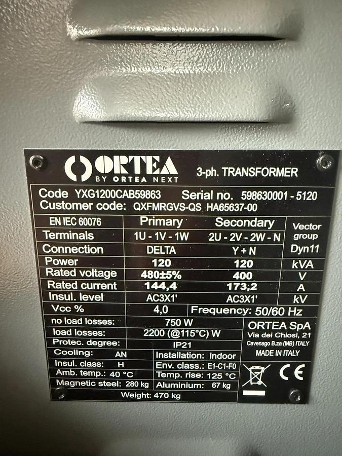 Used ORTEA 3ph Transformer, YXG1200CAB59863, 120kVA, Pri 480V delta, Sec 400V, 173.2A