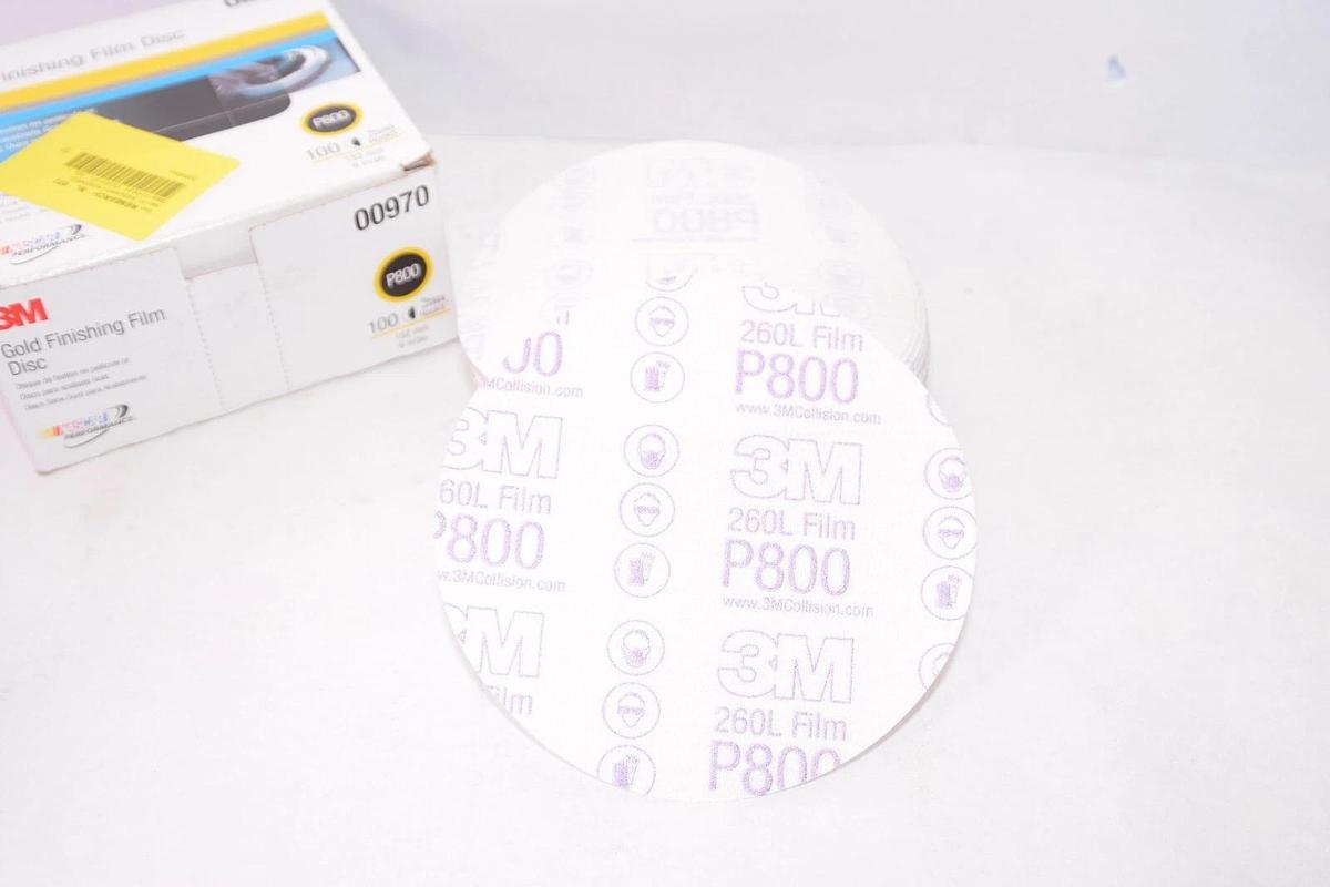 (NEW - Box of 100) 3M P800 00970 6" Hookit Attachment Gold Finishing Film Disc
