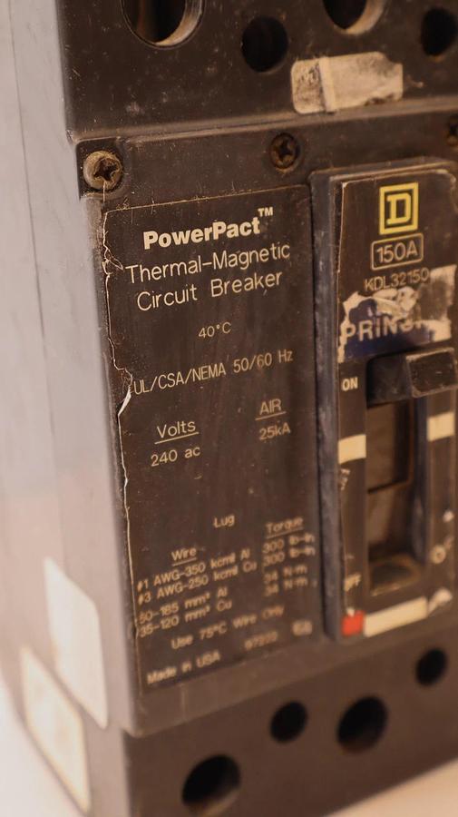 Used SQUARE D KDL32150 150A PowerPact Thermal-Magnetic Circuit Breaker
