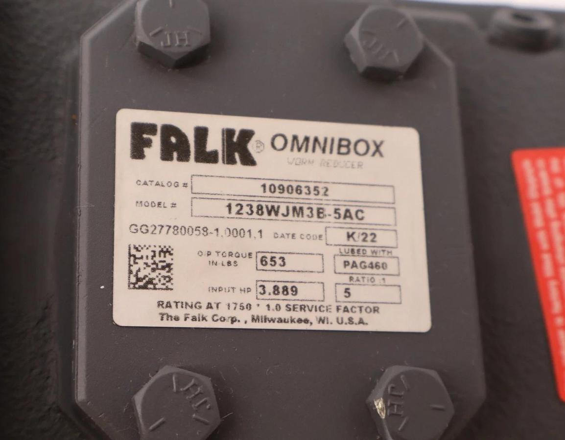 FALK Omnibox Gearbox Speed Worm Reducer 1238WJM3B-5AC 10906352 5:1 RA (NOS)