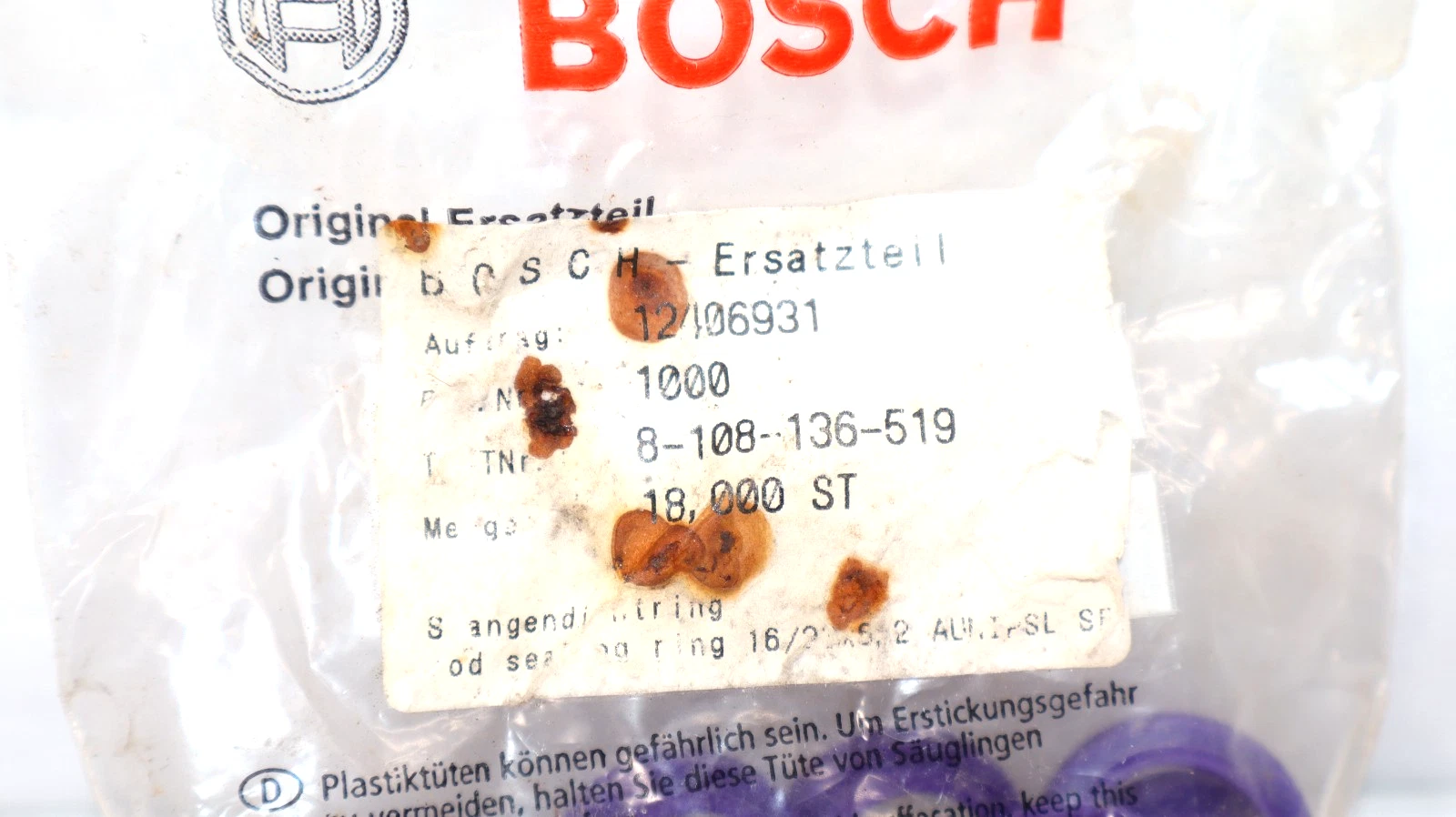 Bosch 12406931 , 8-108-136-519 , 8108136519 O-Seal , Purple (New - Lot 16)