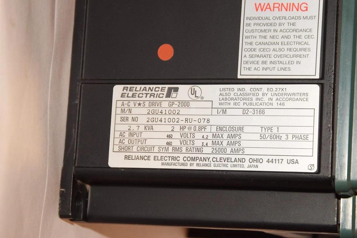 Used RELIANCE ELECTRIC AC VS Drive GP-2000 2GU41002 2hp 2 hp 2.7kva 2.7 kva 460v 3ph